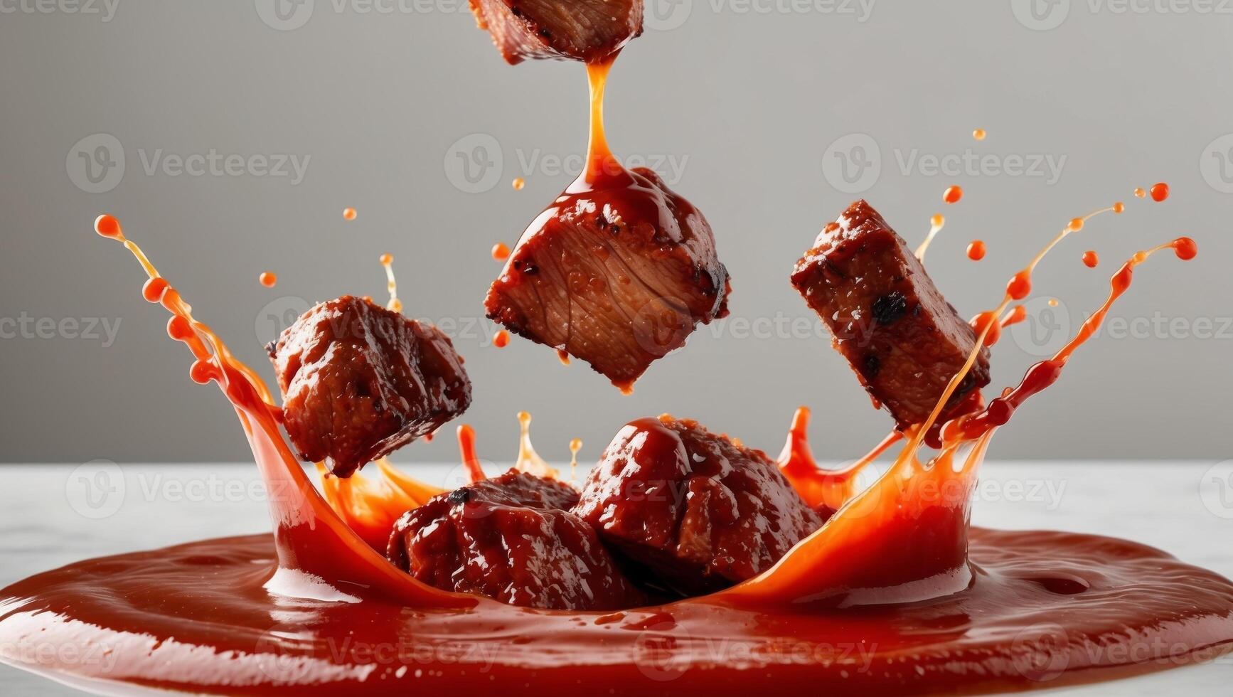 A piece of meat being dropped into a sauce photo