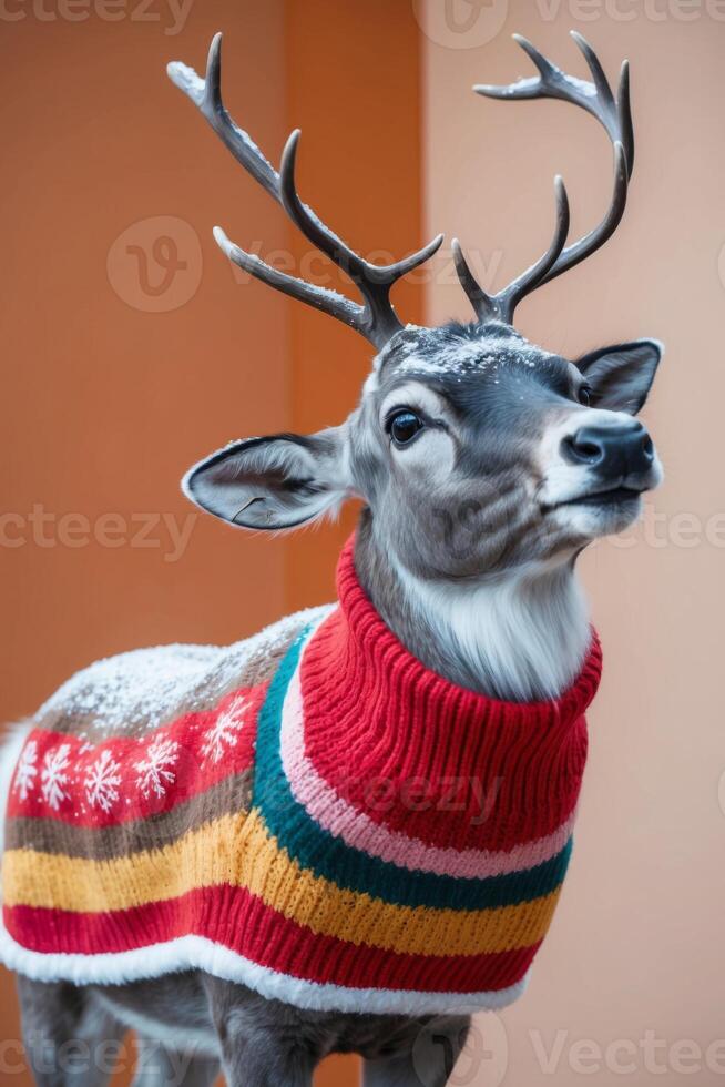 Deer wearing a sweater on a wall photo