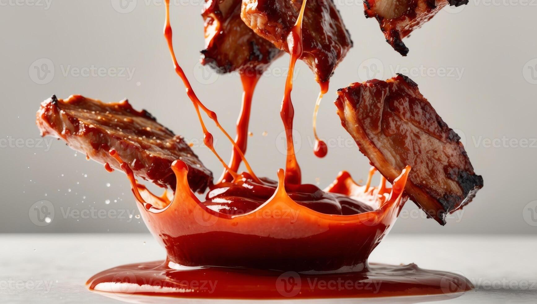 A piece of meat being dropped into a bowl of sauce photo