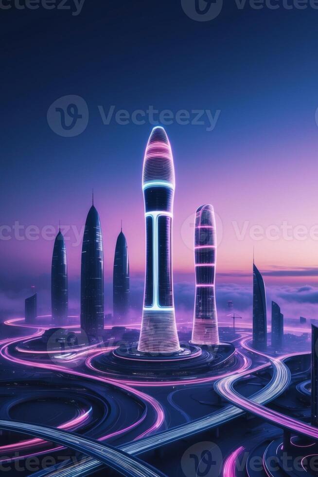 A futuristic city with futuristic buildings and traffic photo