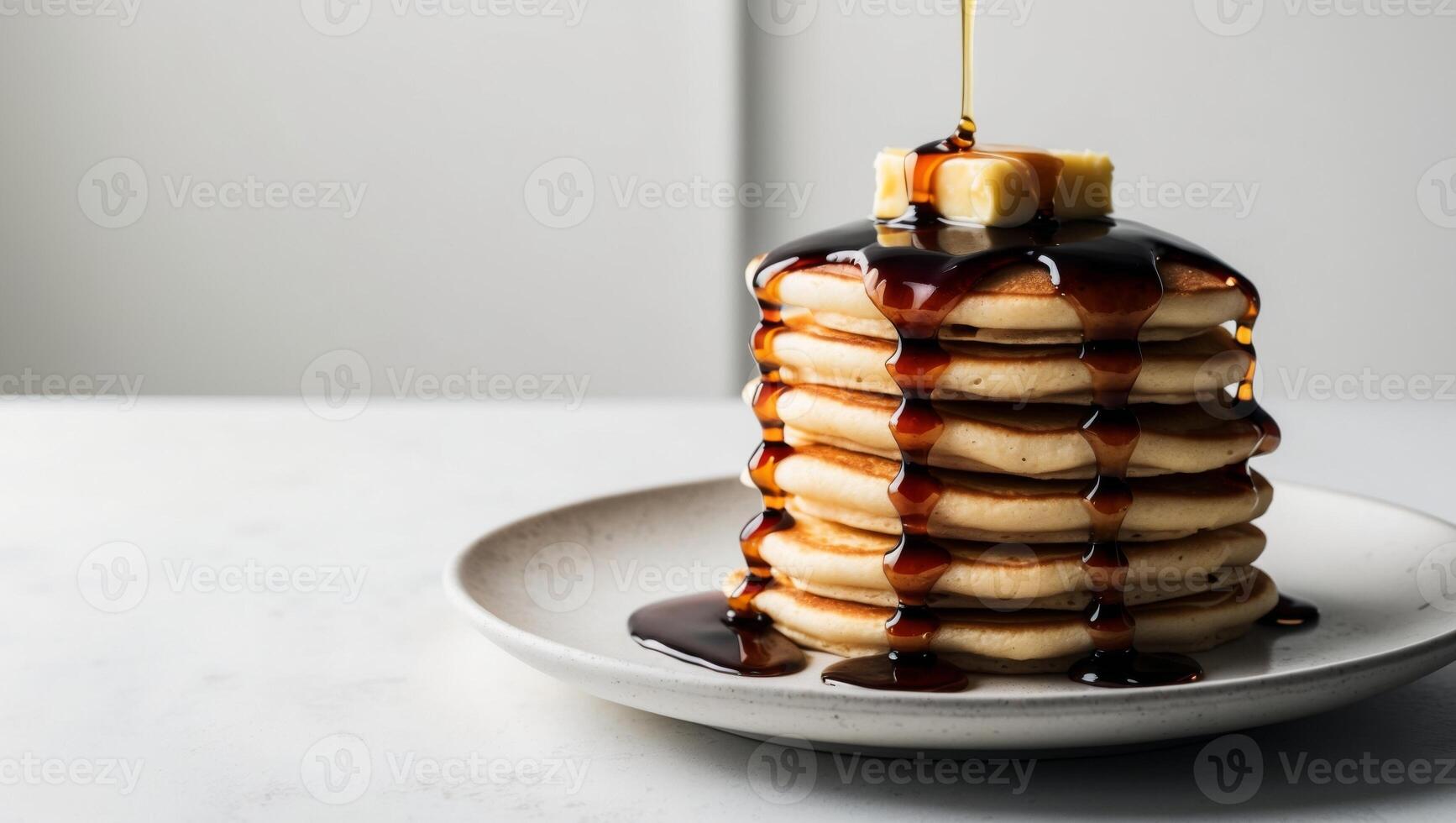 A stack of pancakes with syrup and butter being poured over them photo