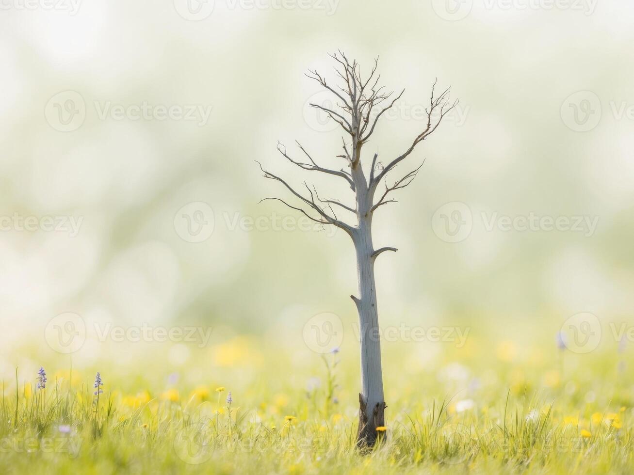 A lone tree stands in a field of grass photo