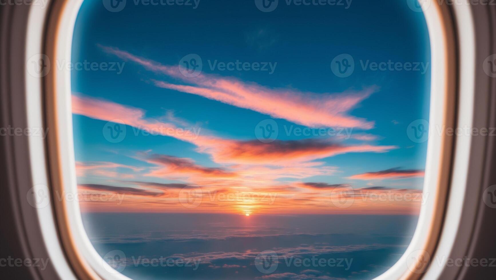 An airplane window with the sun setting over the clouds photo