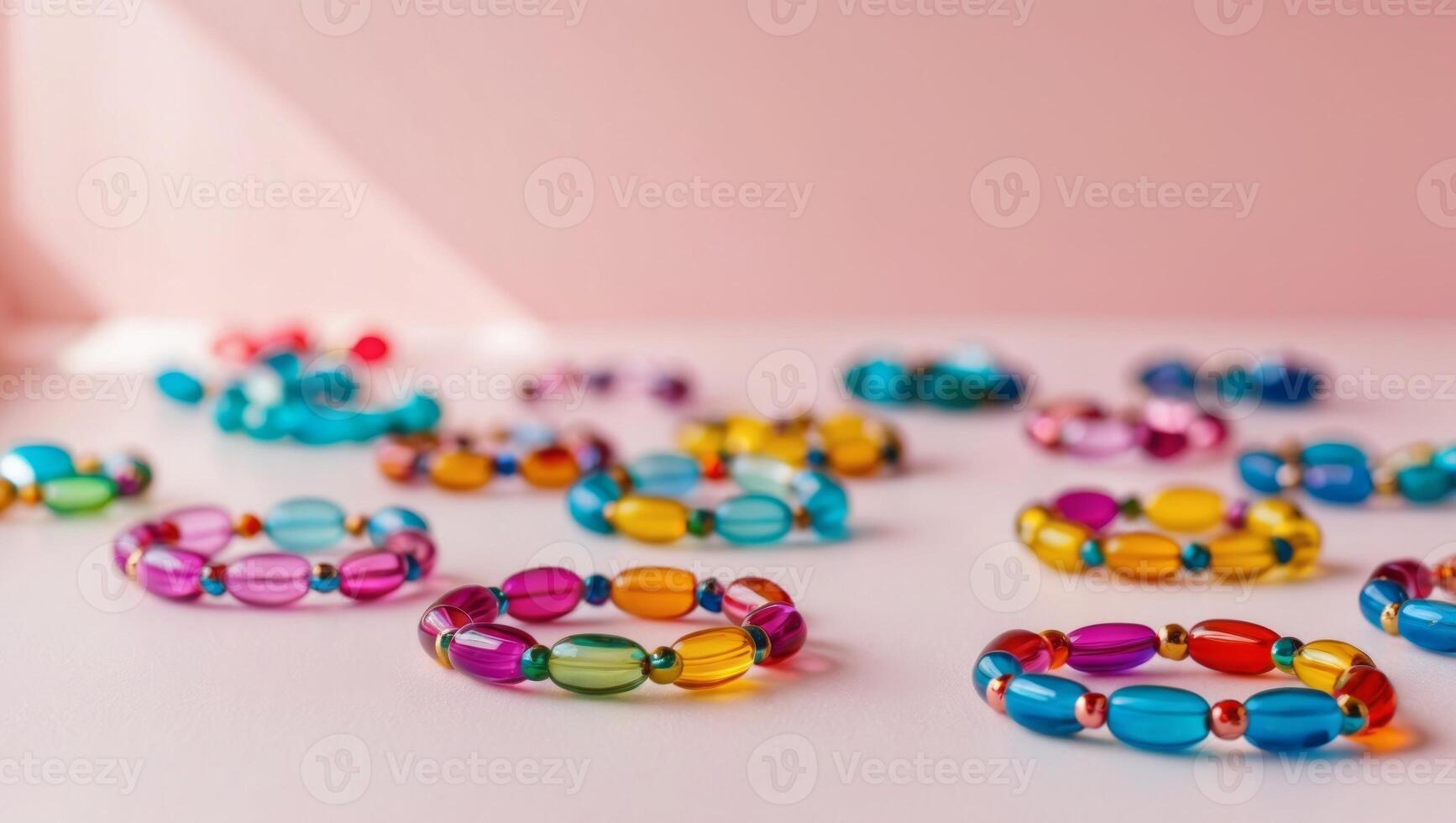 A group of colorful bracelets on a pink surface photo