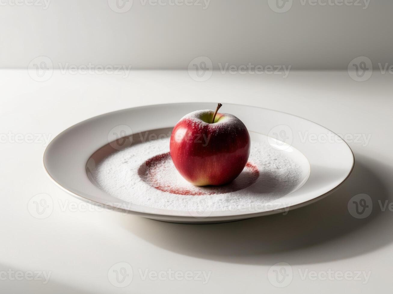 A red apple on a white plate with sugar photo