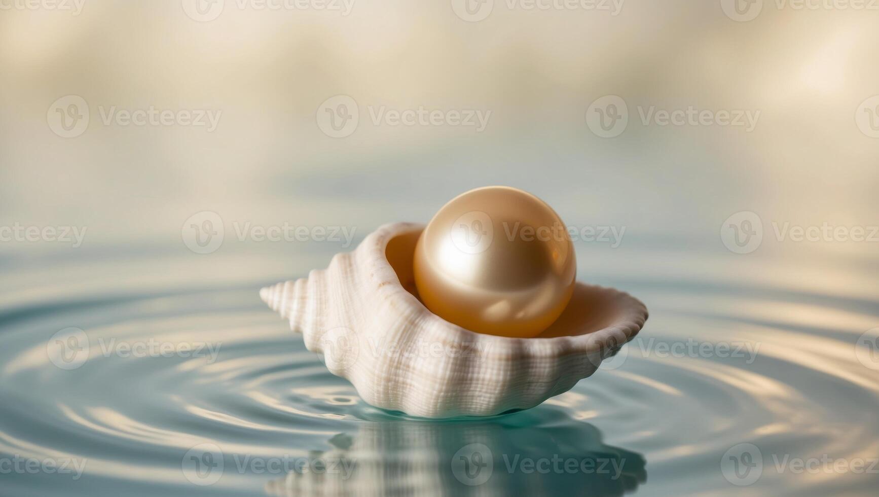 Golden pearl in shell with water on background photo