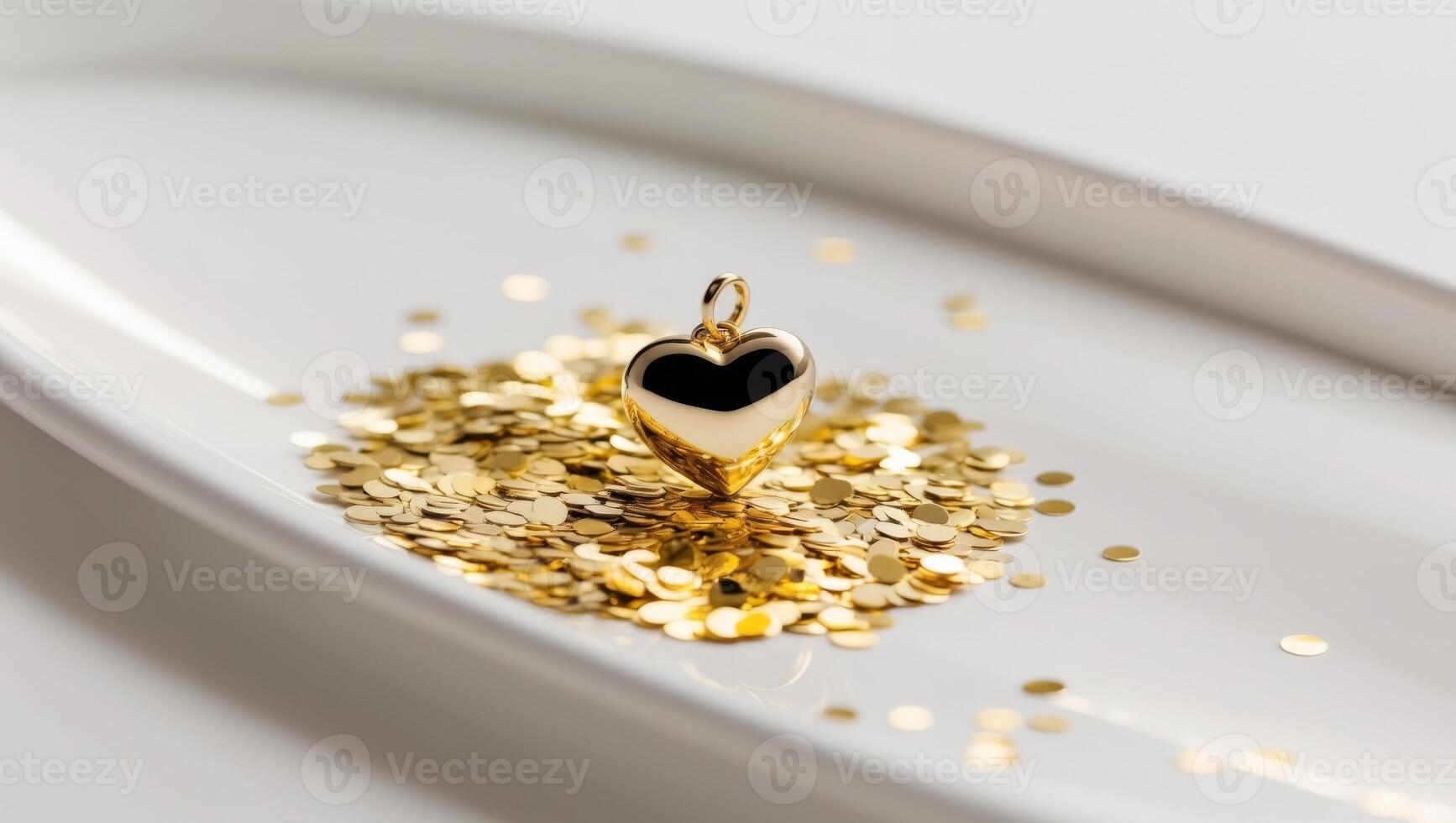 A gold heart pendant on a white plate photo