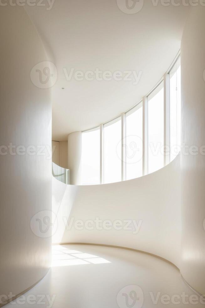 A white room with a curved wall and windows photo