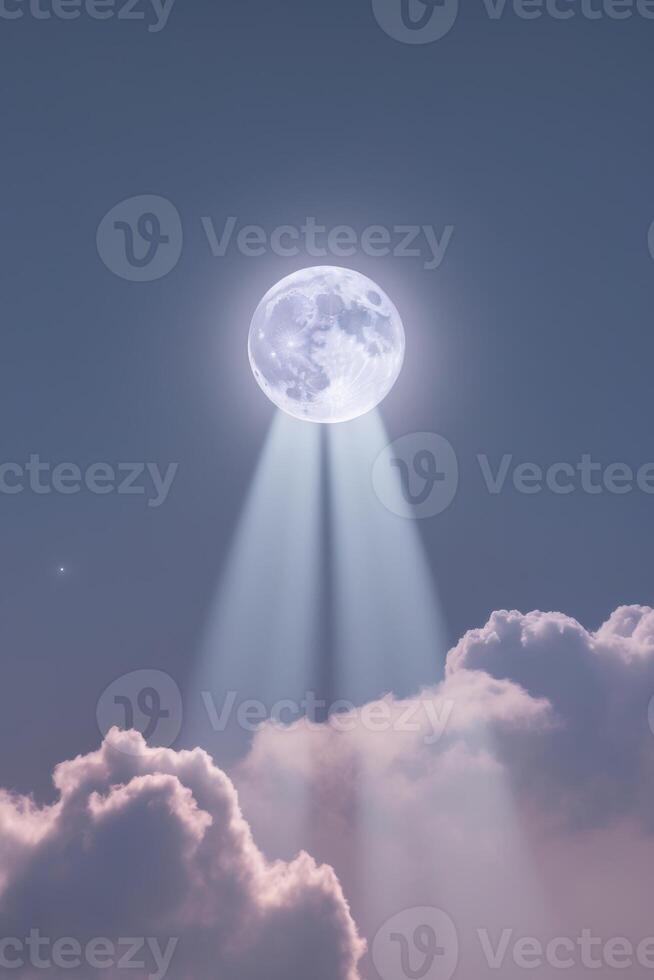 A full moon is seen in the sky with beams of light photo
