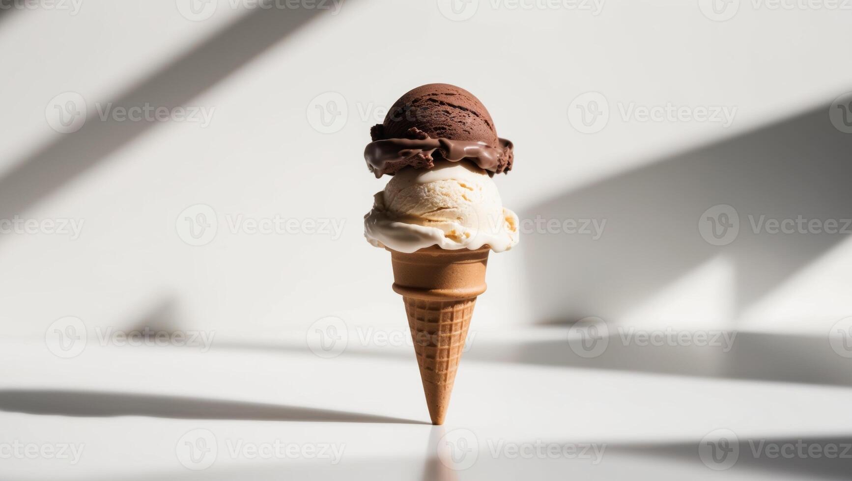 An ice cream cone with chocolate and vanilla ice cream photo