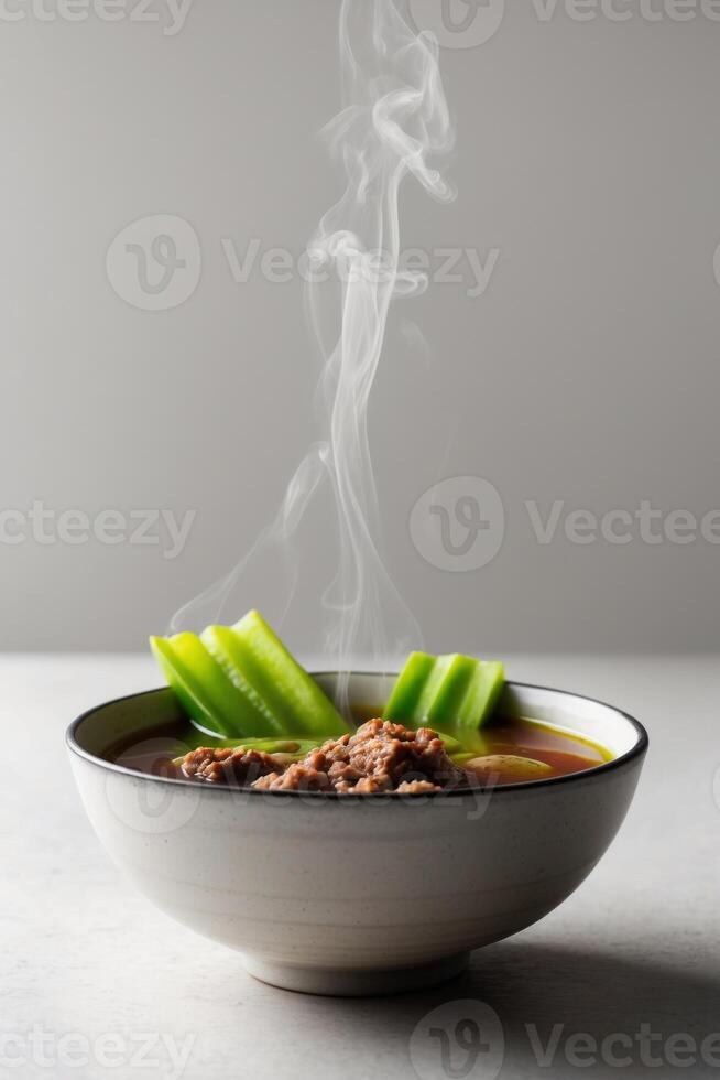 Chicken and celery soup with a steaming bowl photo