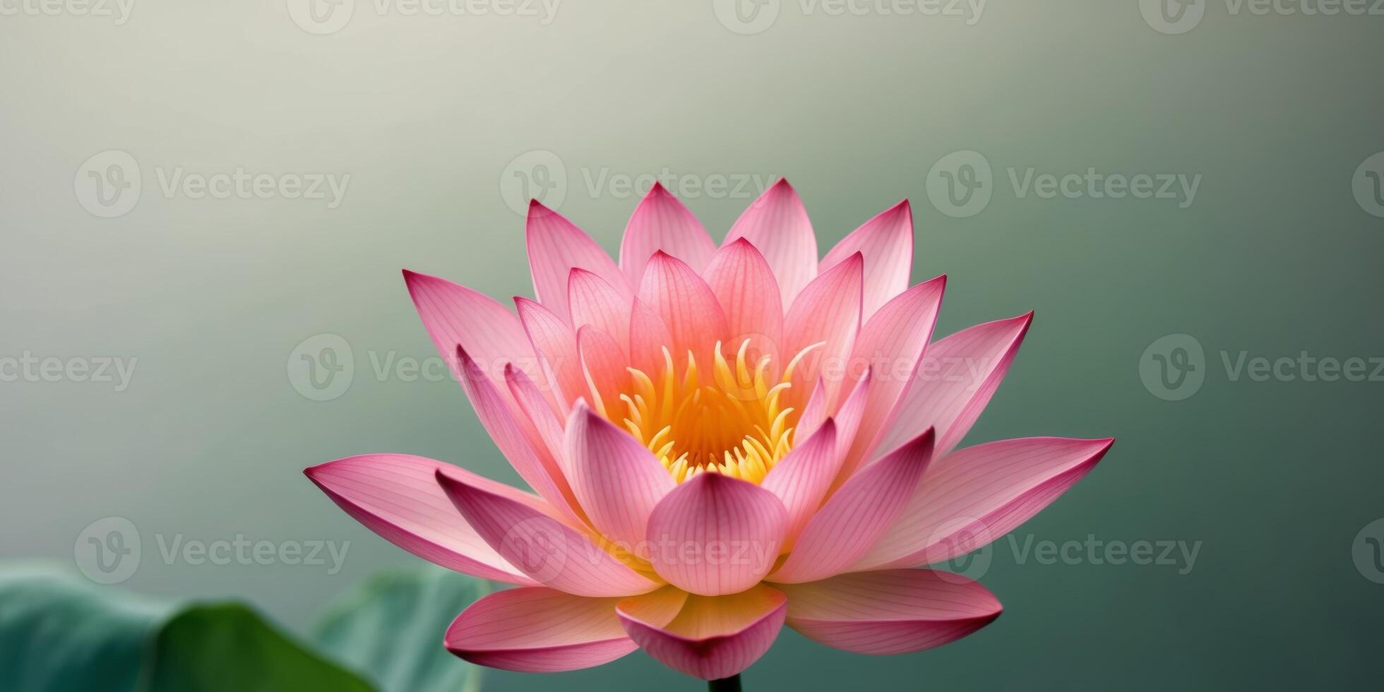 A pink lotus flower is shown in front of a green background photo
