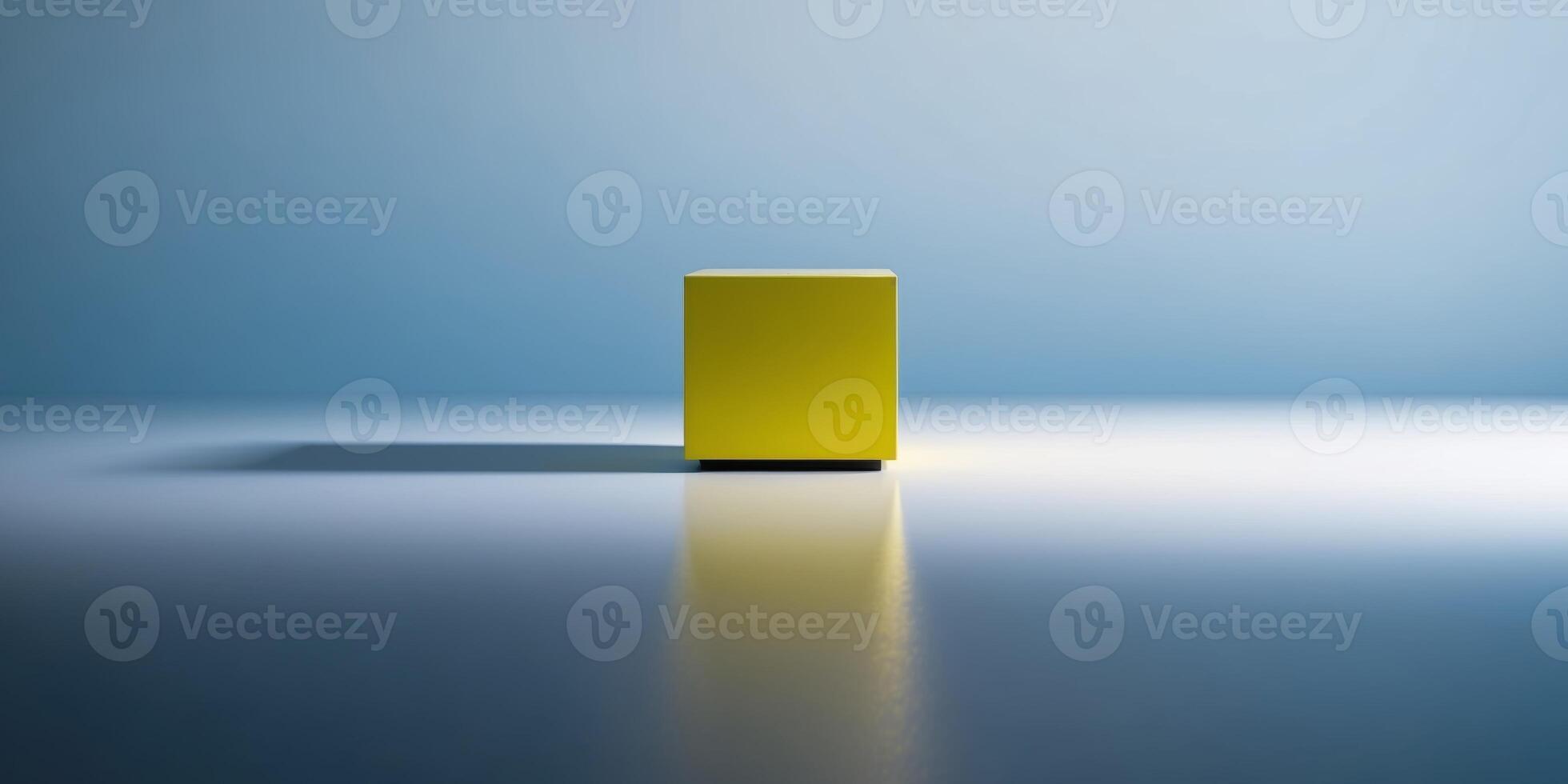 A yellow cube sitting on a blue surface photo