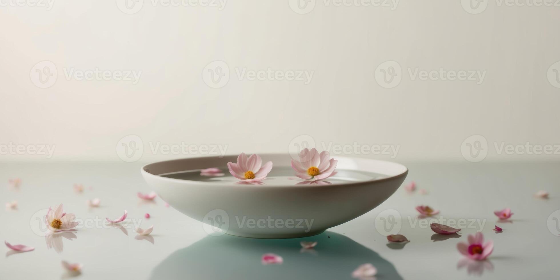 A bowl filled with water and pink flowers photo