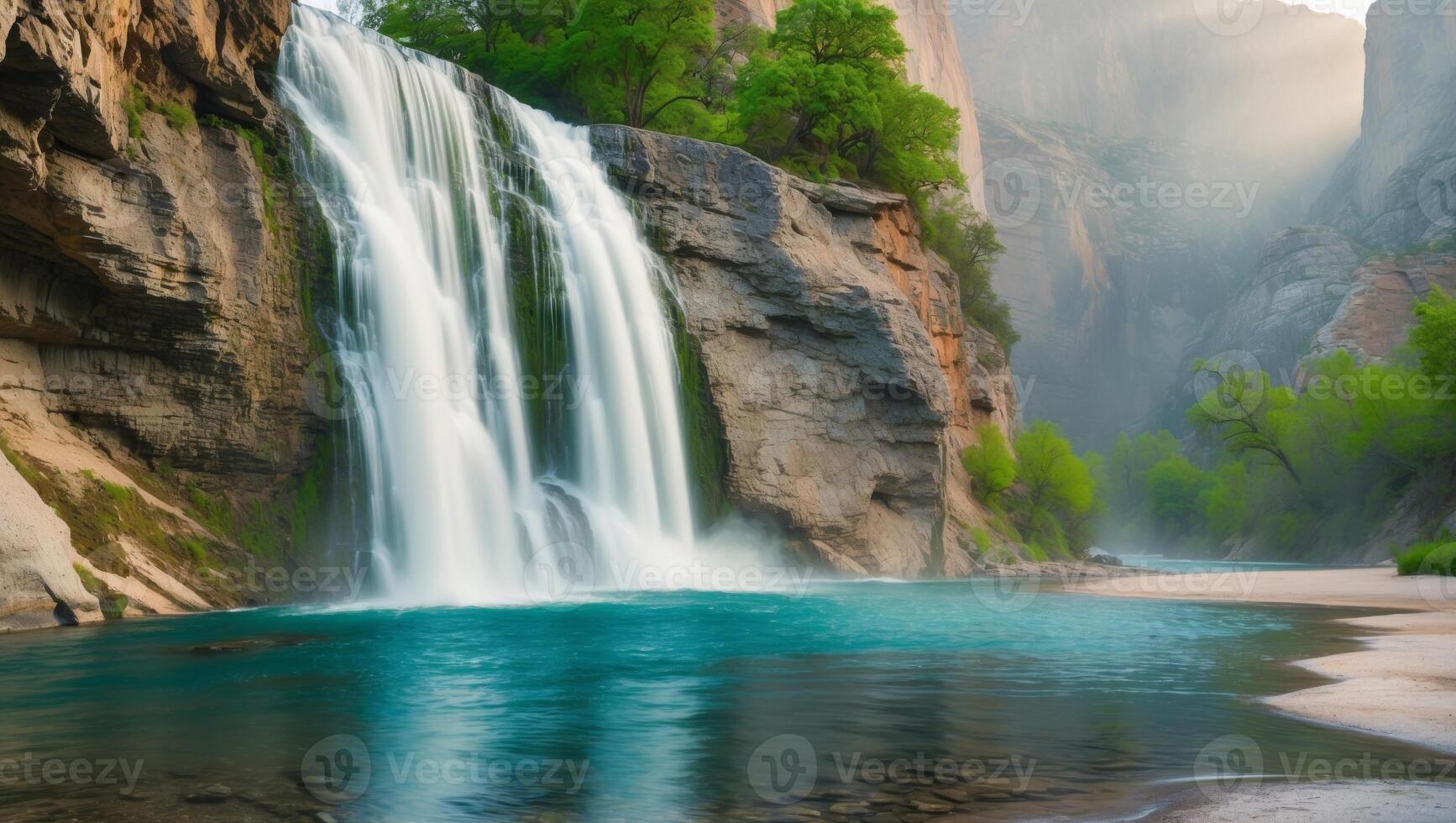 A waterfall in the middle of a canyon photo