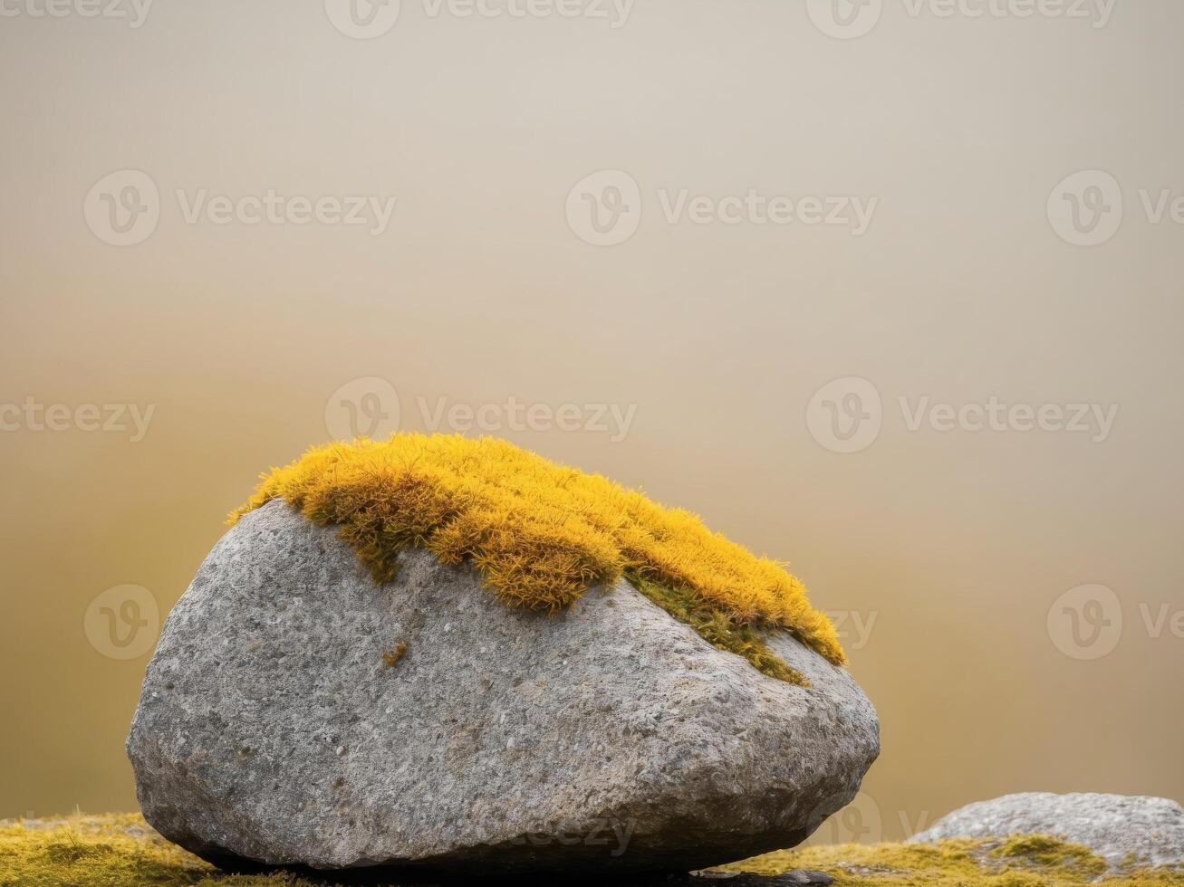 A moss covered rock sitting on top of a grassy field photo