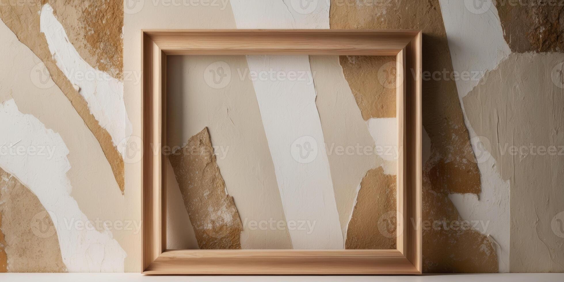 A wooden frame on a wall with a brown paper background photo