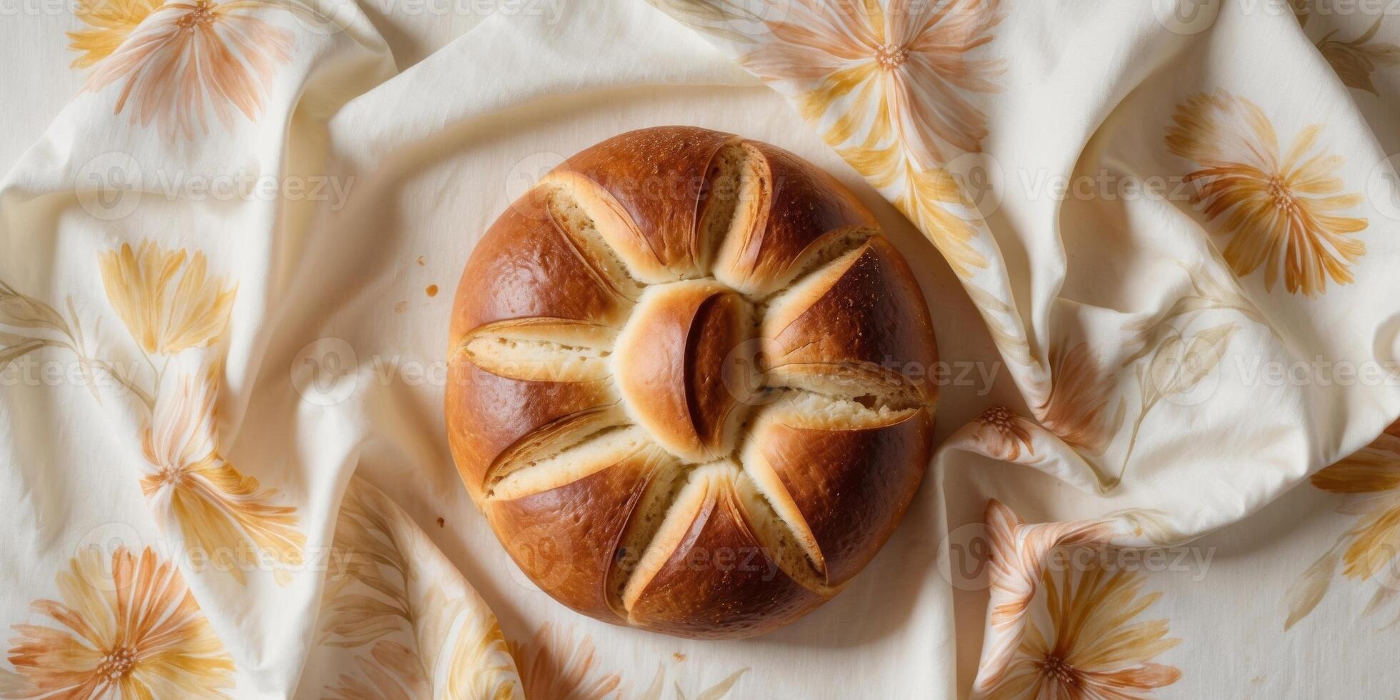 A loaf of bread on a table with flowers photo