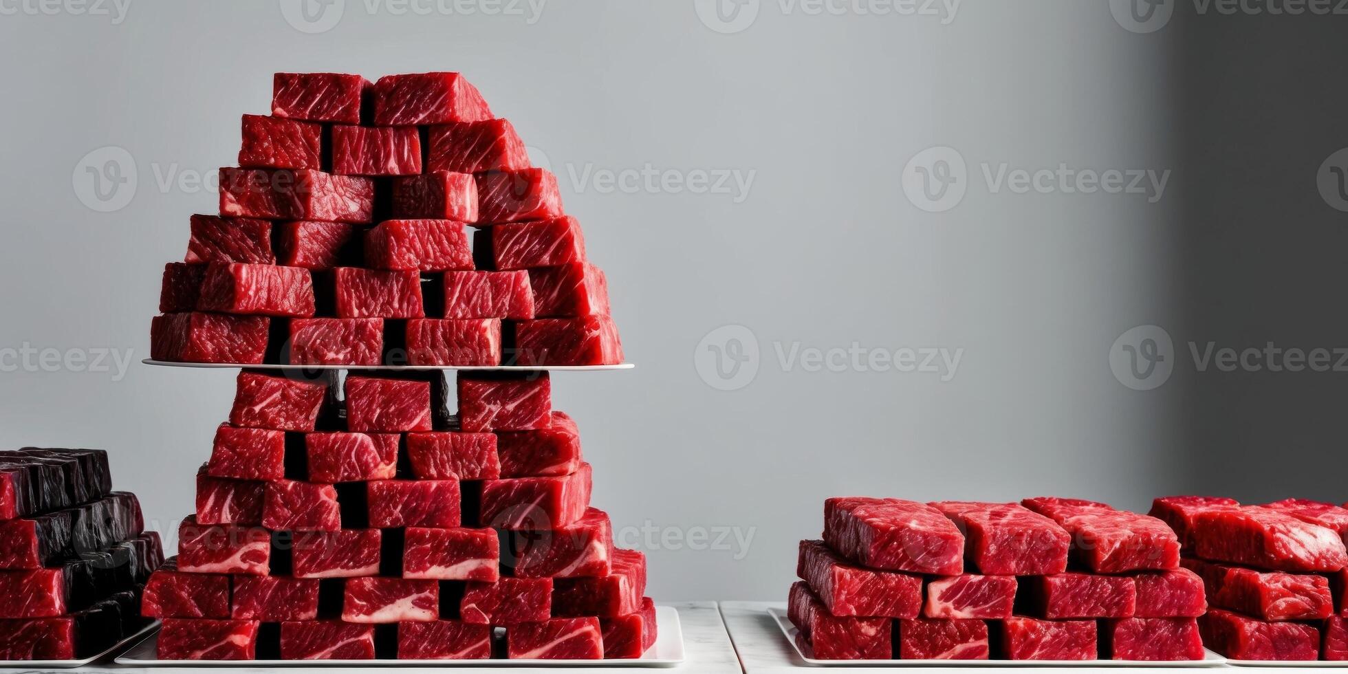 A stack of red meat cubes on top of each other photo