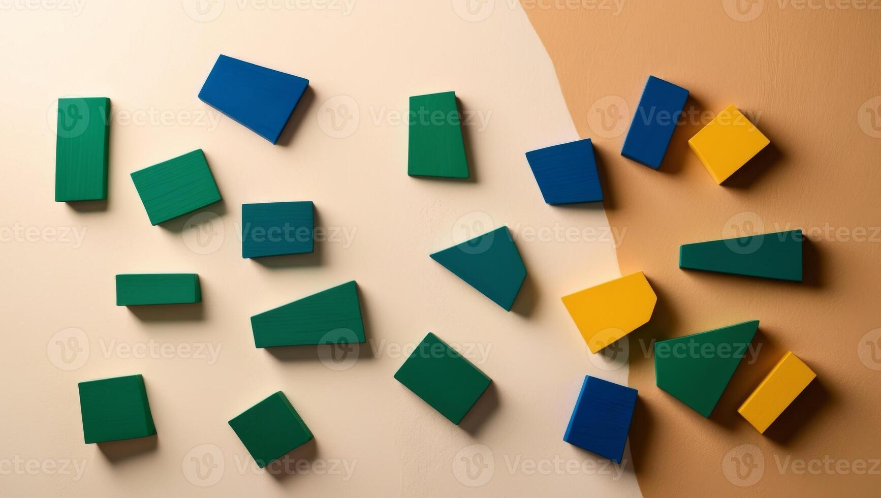 Colorful blocks on a wall with a yellow, green and blue piece photo