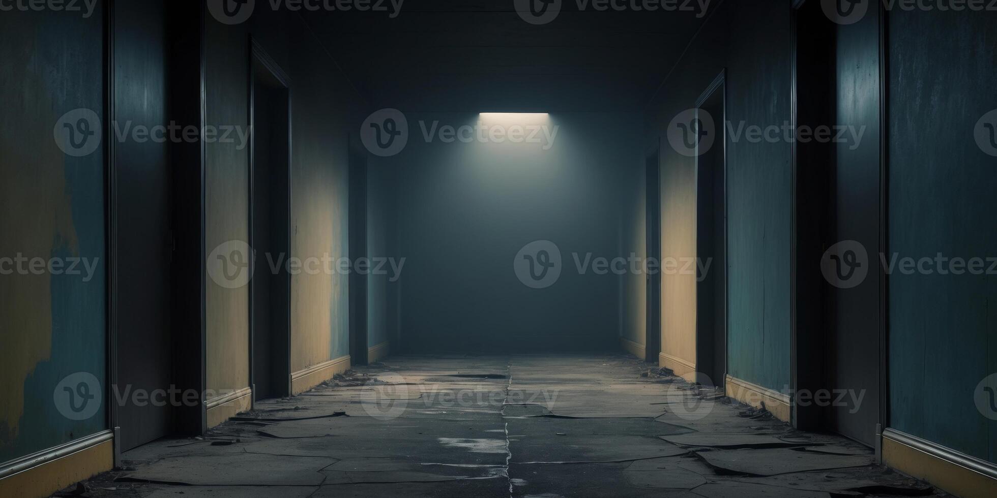 A dark hallway with a light shining through it photo