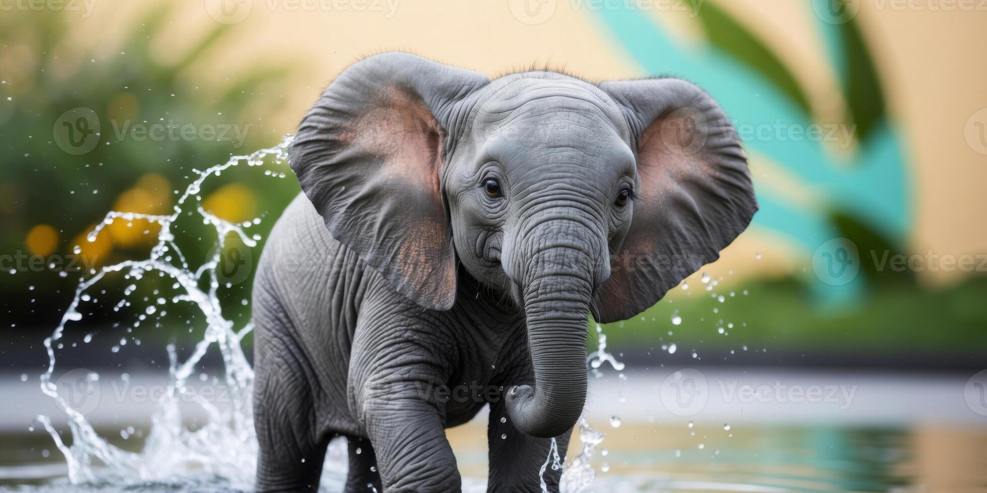 An elephant is splashing water on its trunk photo