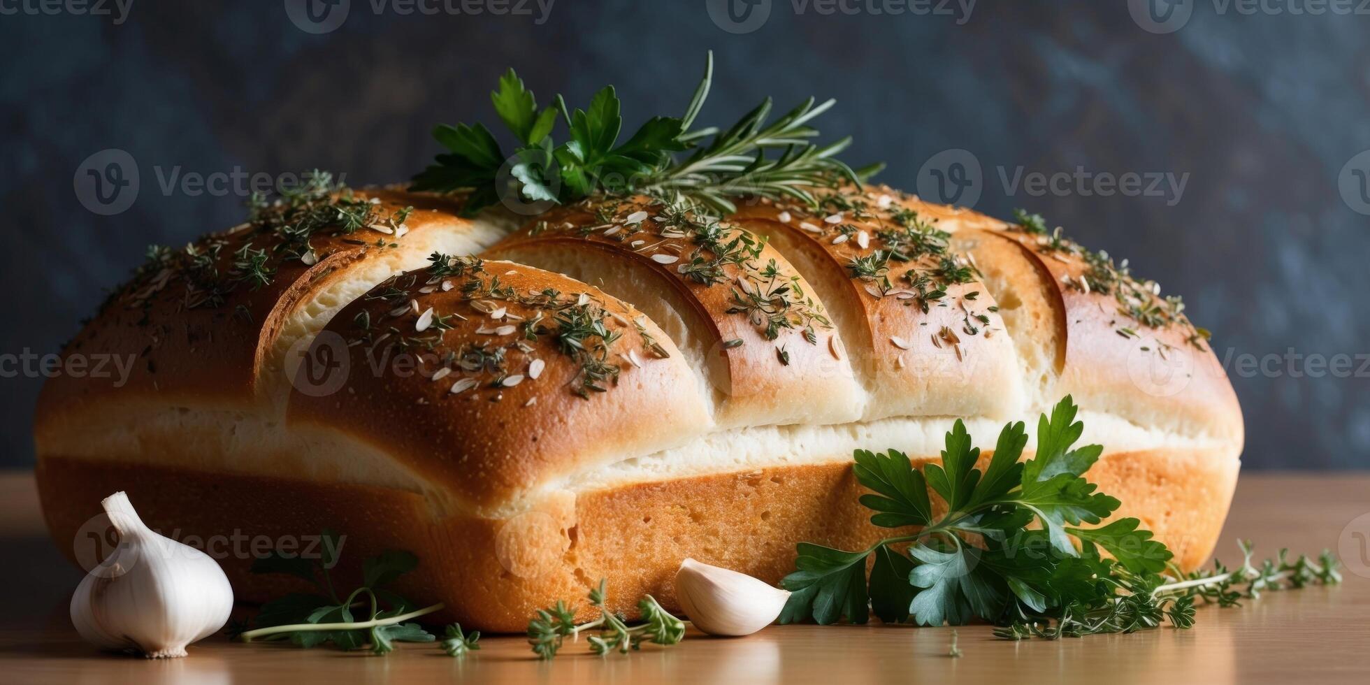 Bread with herbs and garlic on a wooden table photo