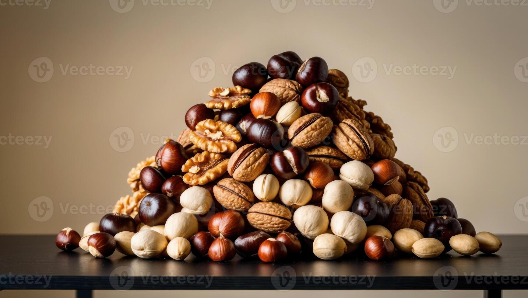 A pyramid of nuts on a table photo