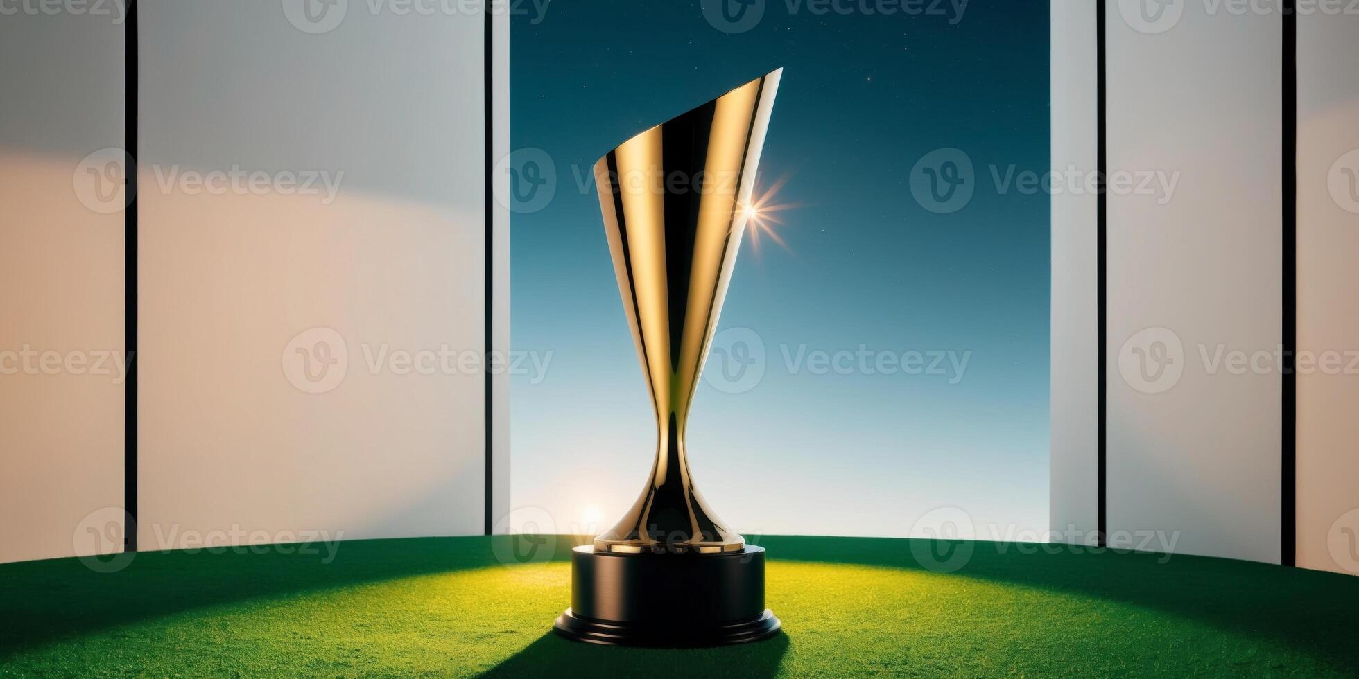 The golden trophy is sitting on a green field photo