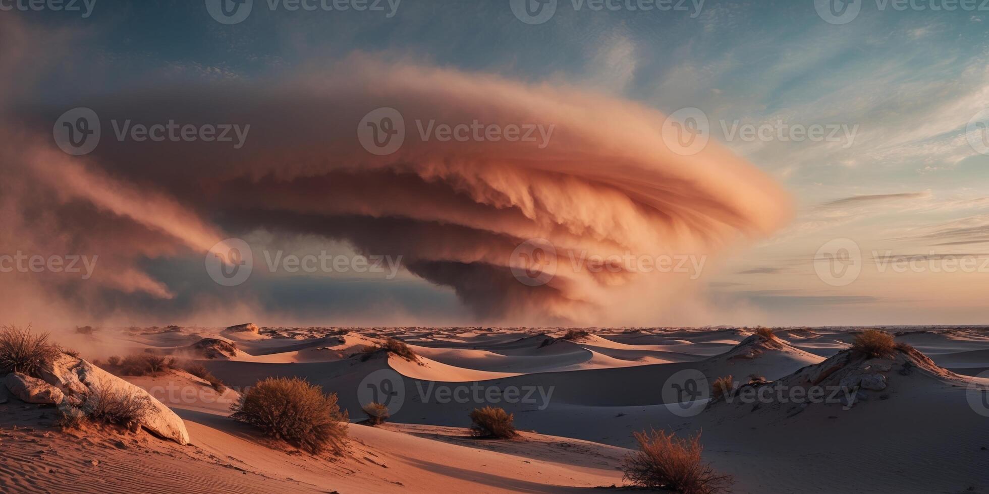 A large cloud of sand is blowing over the desert photo