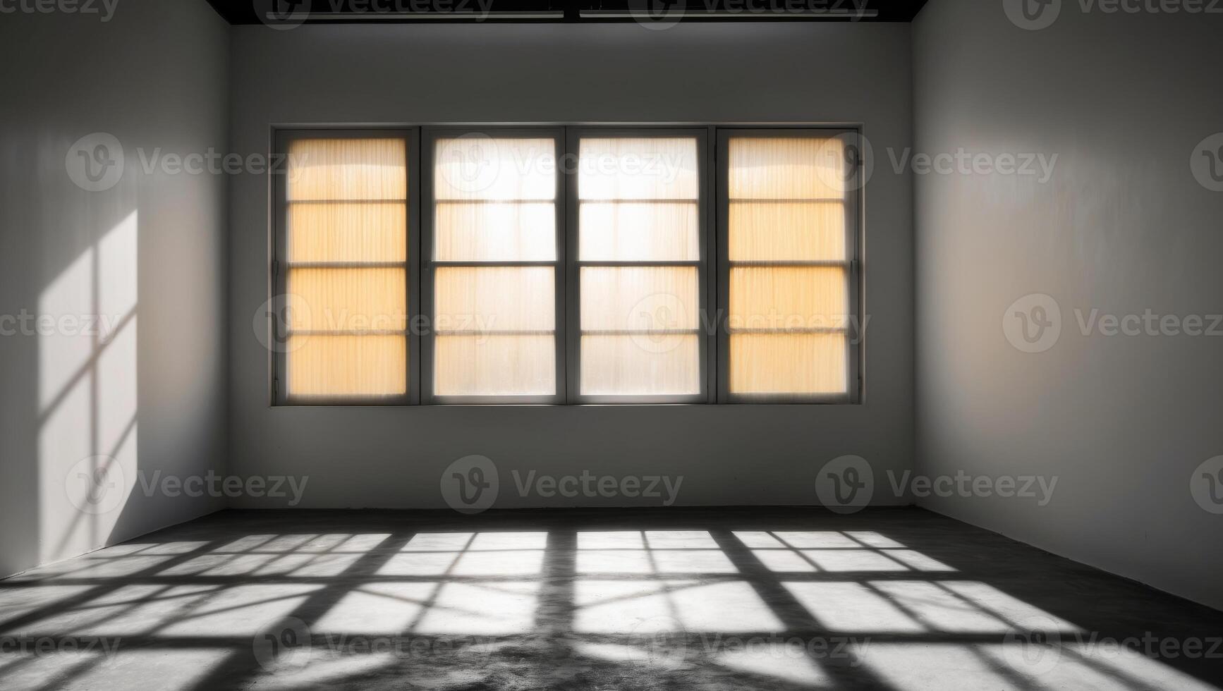 A room with a window and a light shining through it photo