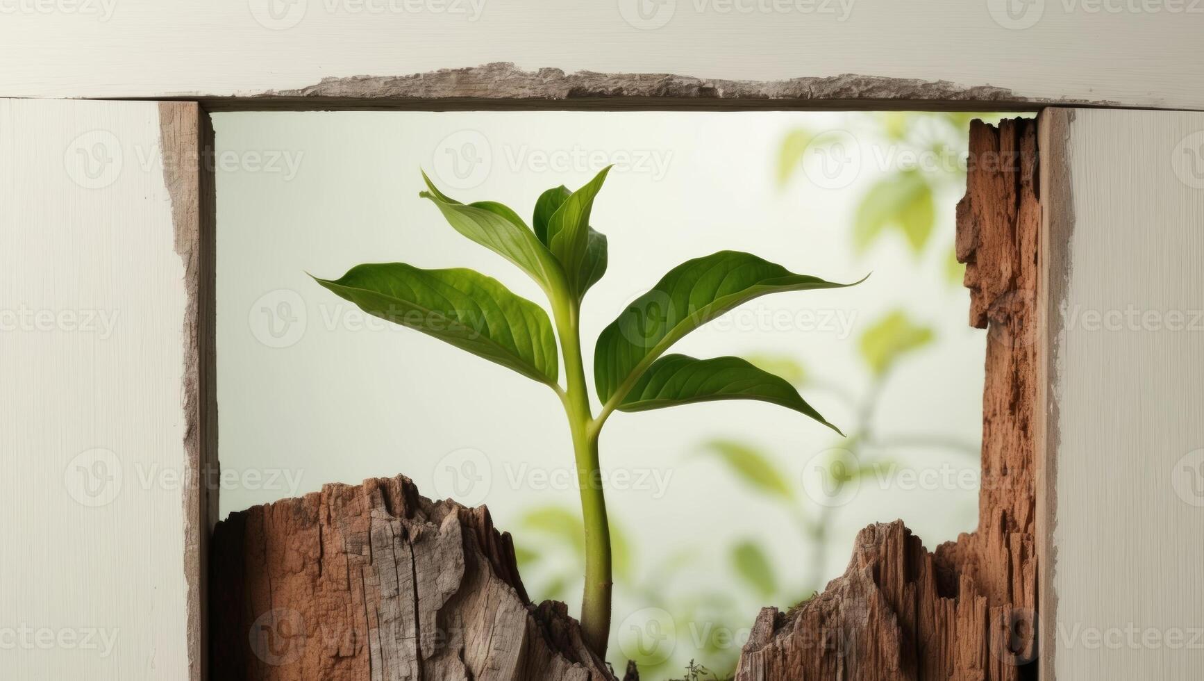 A green plant growing out of a hole in a wall photo