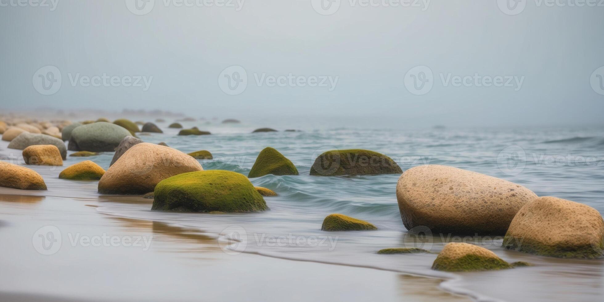 Rocks and water on a foggy beach photo