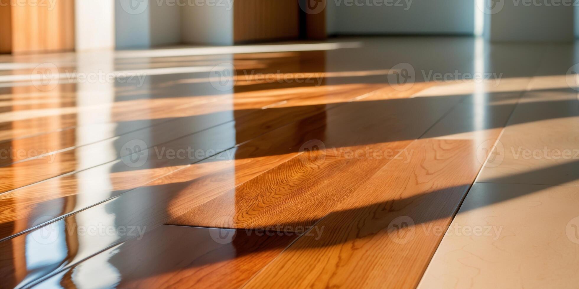 A wooden floor with sunlight shining on it photo