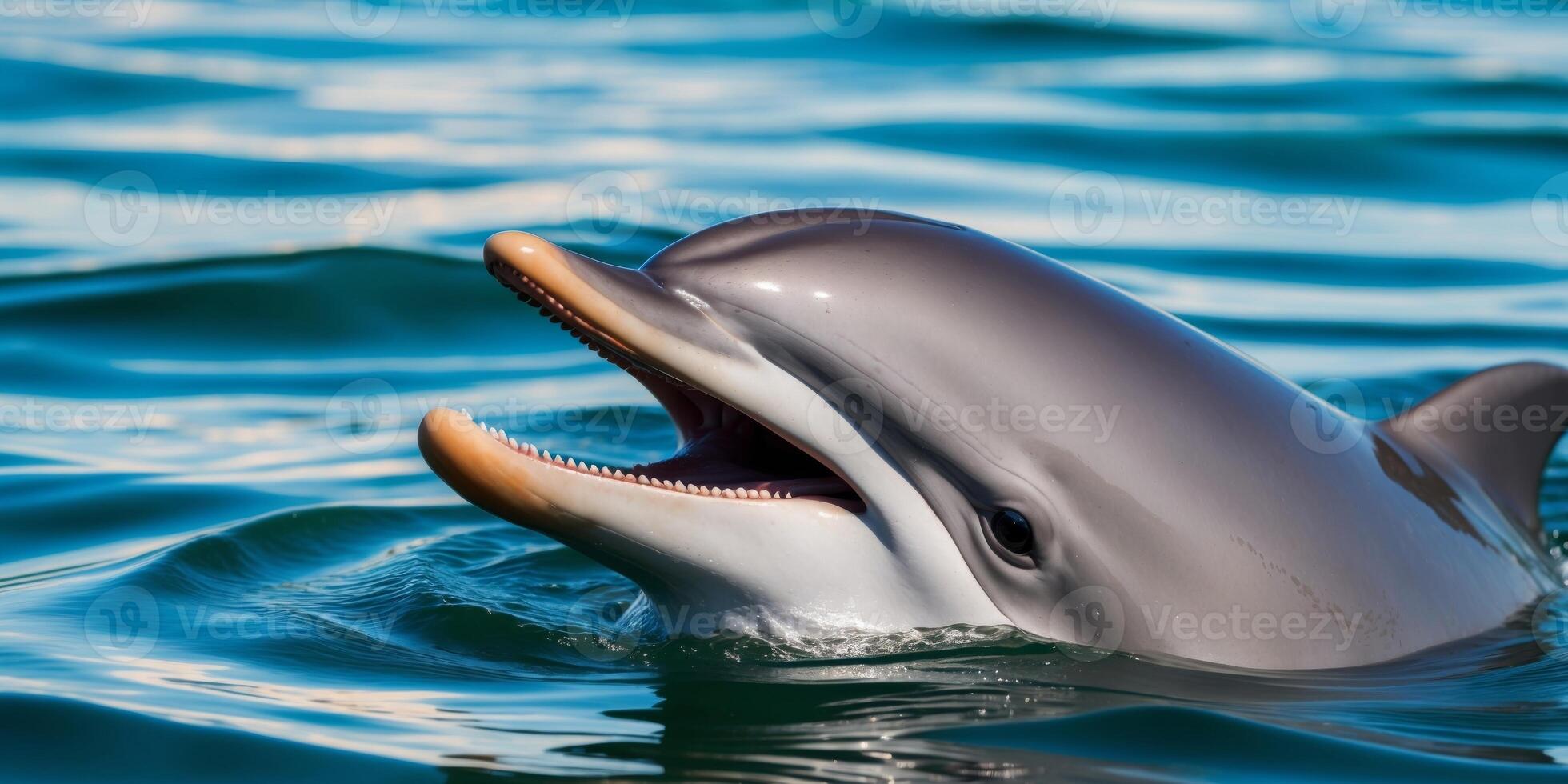 A dolphin is smiling with its mouth open photo