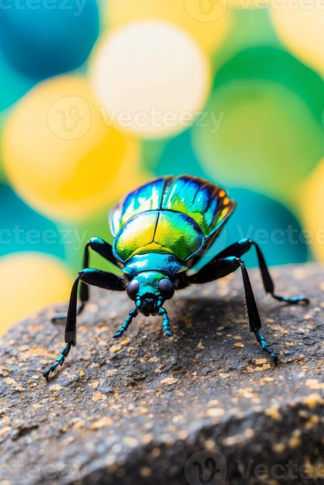 A colorful beetle with black and blue stripes on it photo