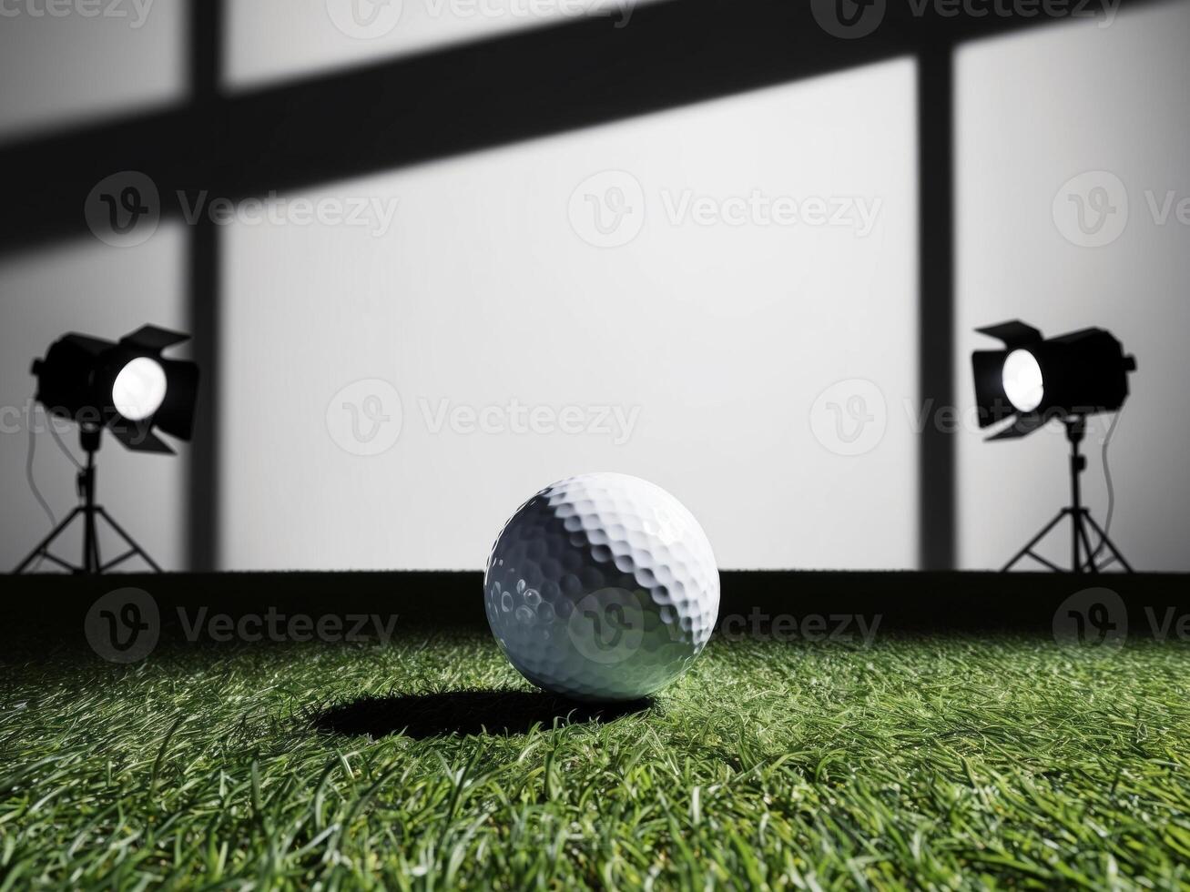 Golf ball on grass with spotlight and lights photo