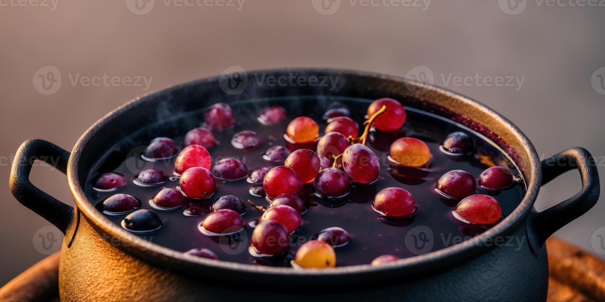 A pot filled with grapes and red wine photo