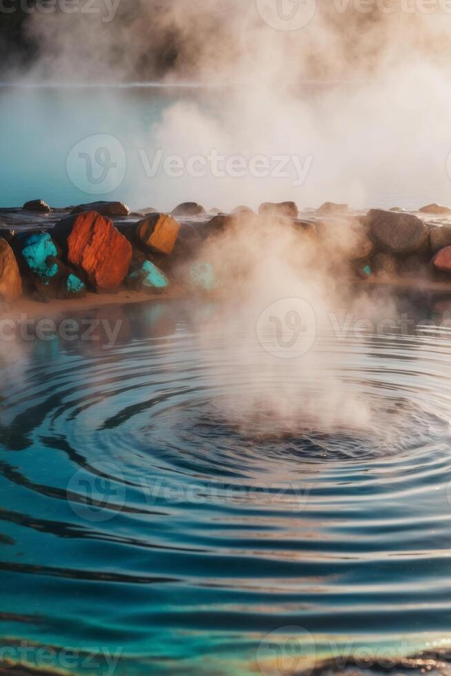 Steam rises from the water in a hot spring photo