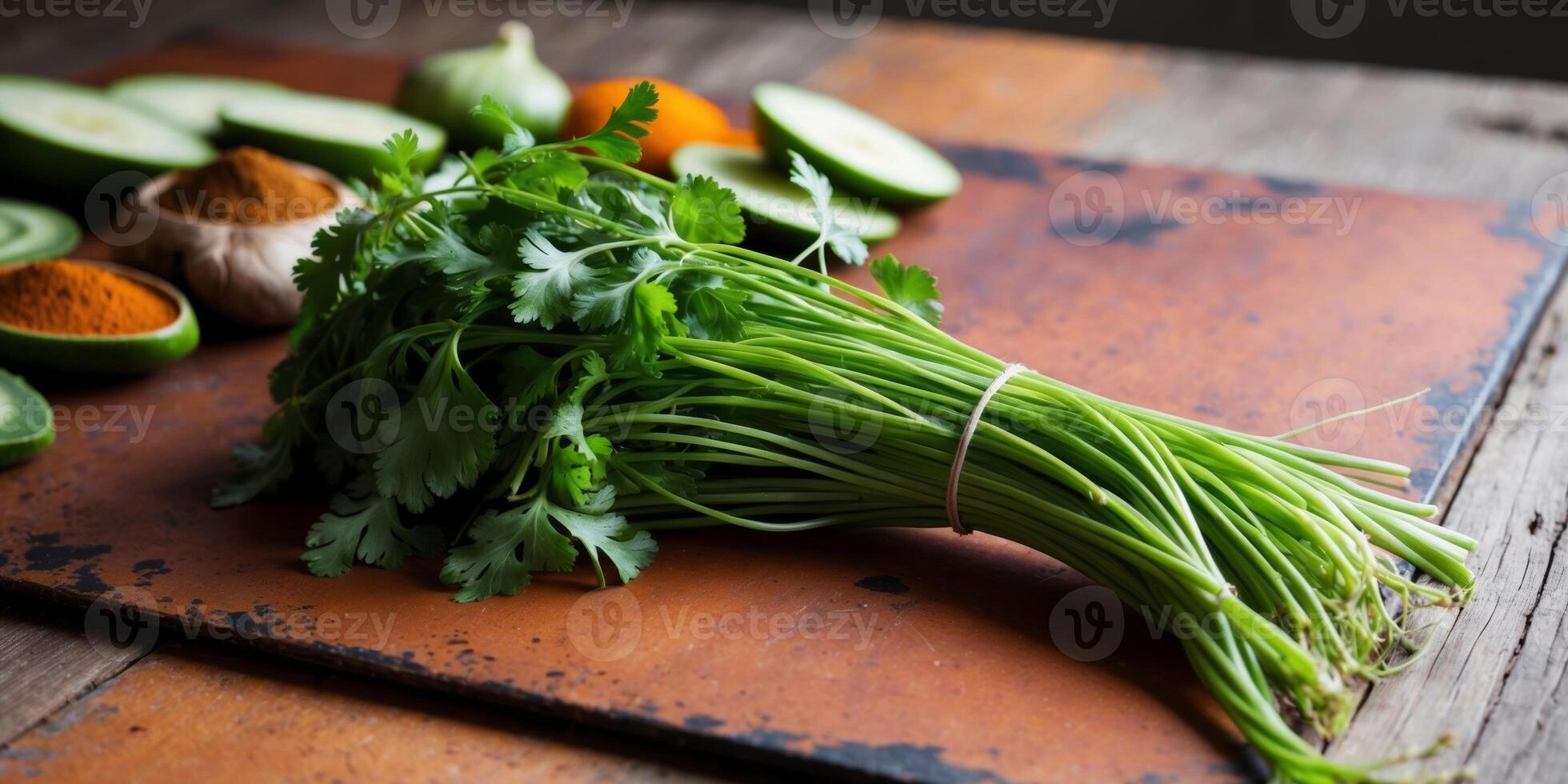 Fresh herbs and vegetables on a cutting board photo