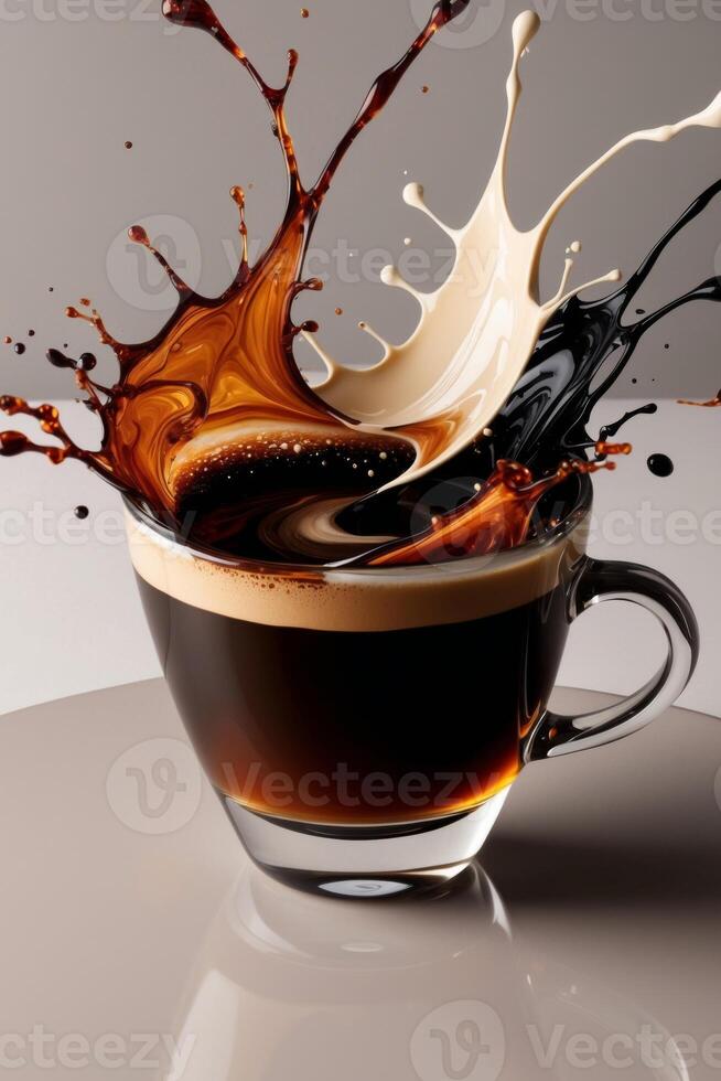 Coffee splash with liquid and milk in a cup photo