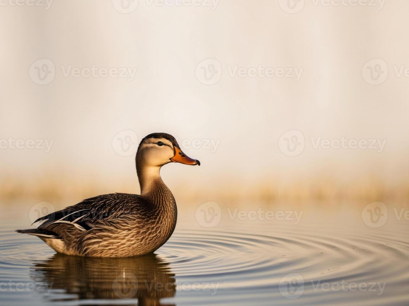 A duck is swimming in a pond with water ripples photo