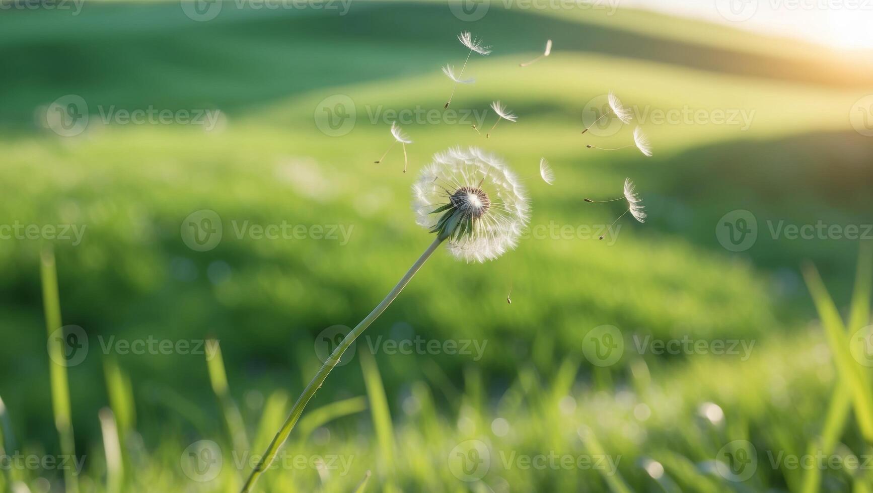 Dandelion blowing in the wind on a green field photo