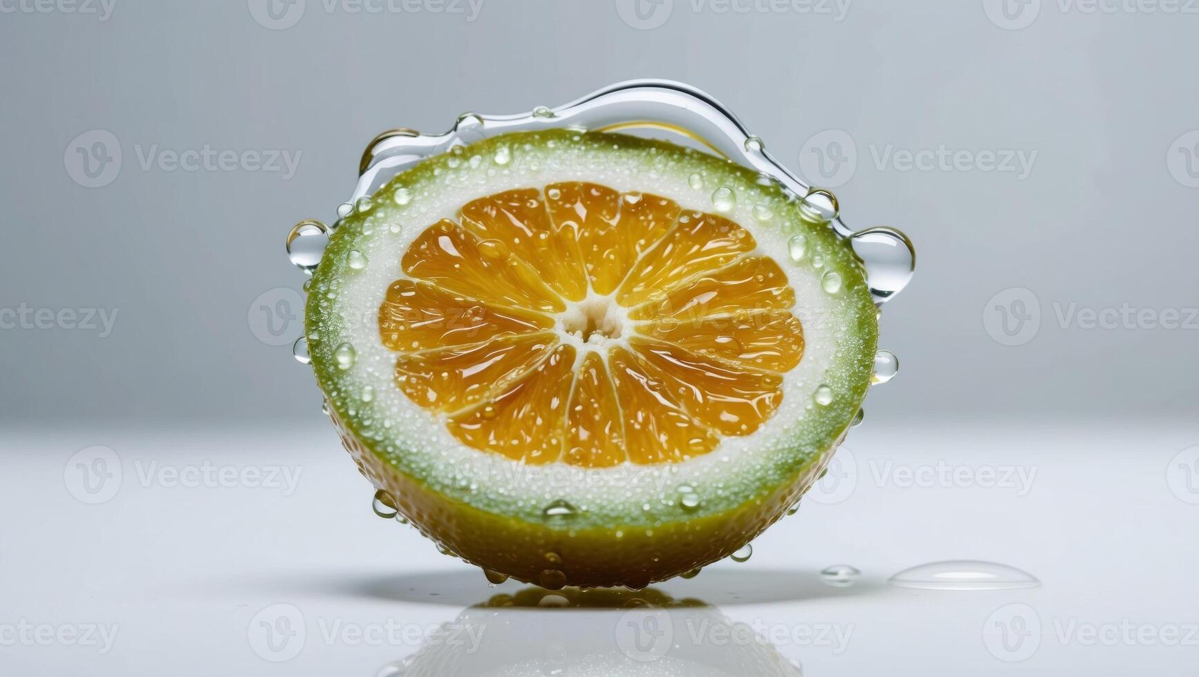 A slice of orange is being sprayed with water photo
