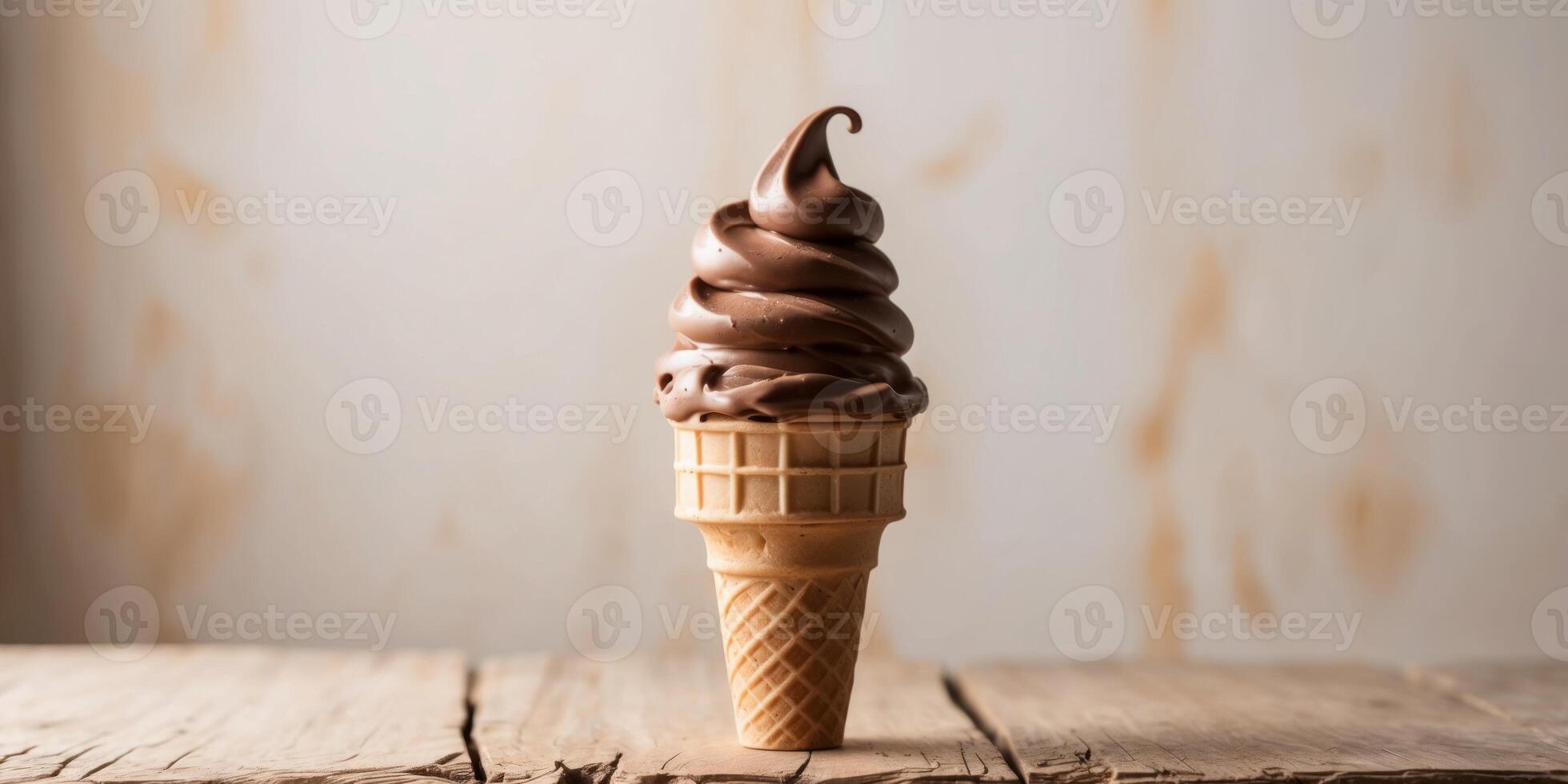 An ice cream cone with chocolate on top photo