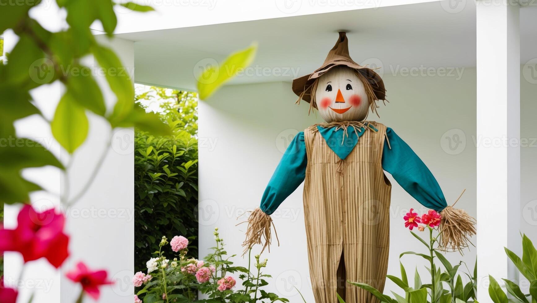 A scarecrow stands in a garden with flowers photo