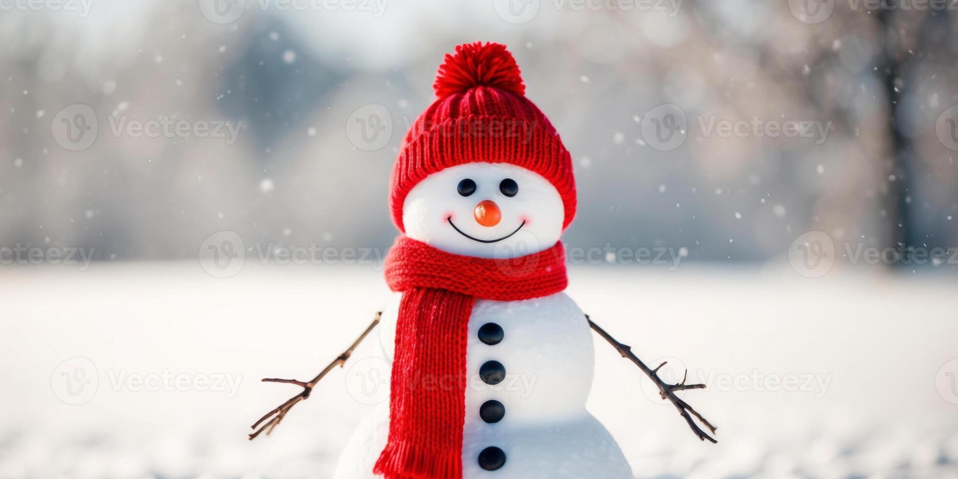 A snowman wearing a red hat and scarf photo