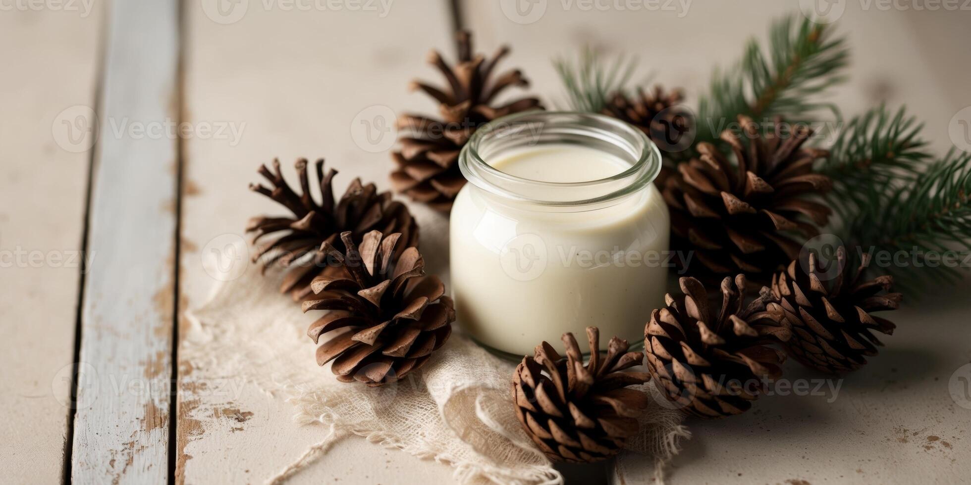 A jar of milk with pine cones and a branch photo