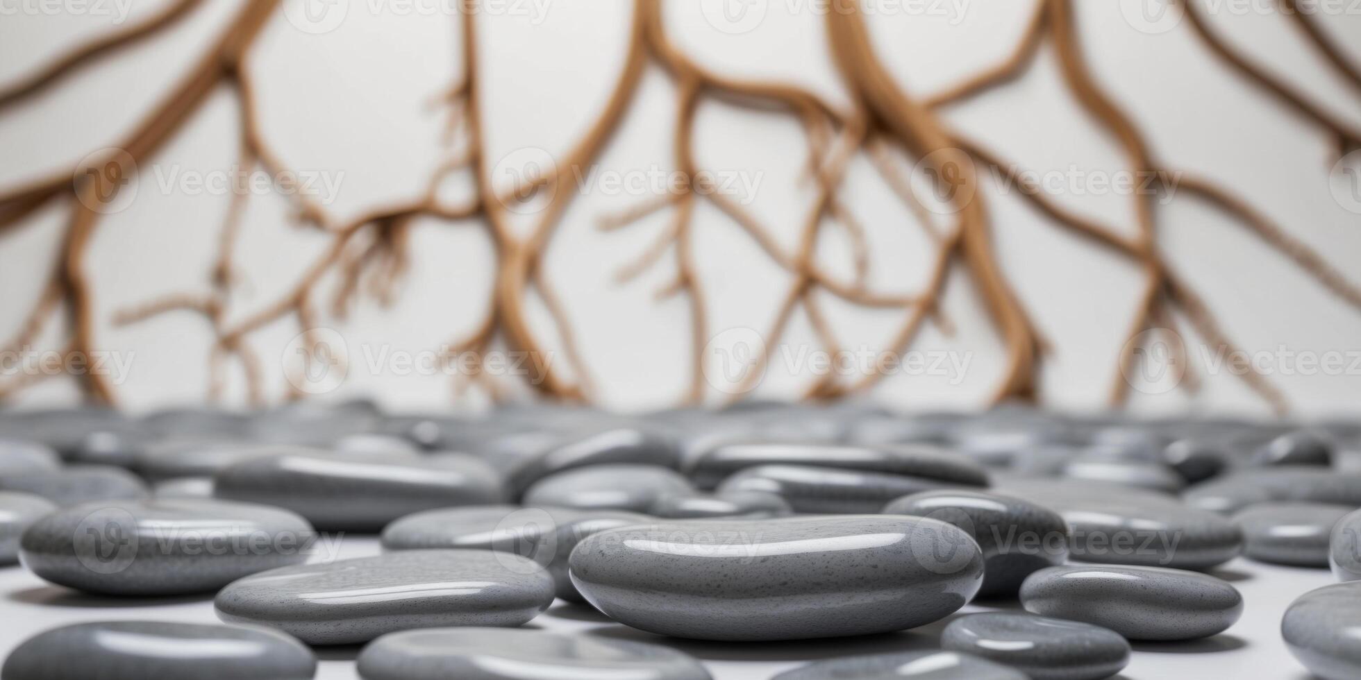 A group of rocks and roots in front of a wall photo