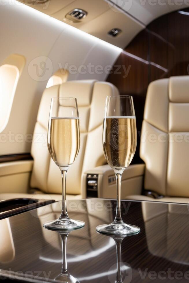 Two wine glasses on the table in an airplane photo